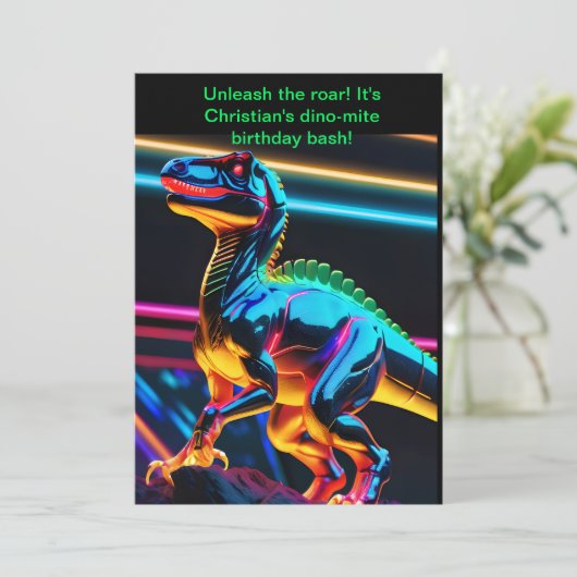 Neon Dino Jongens Verjaardag Kaart (Staand voorkant)