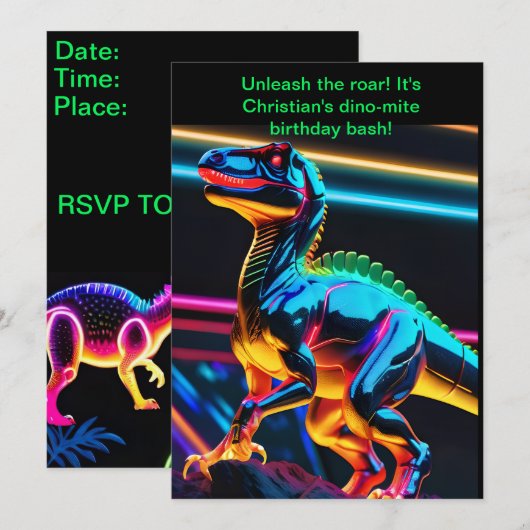 Neon Dino Jongens Verjaardag Kaart (Voorkant / Achterkant)