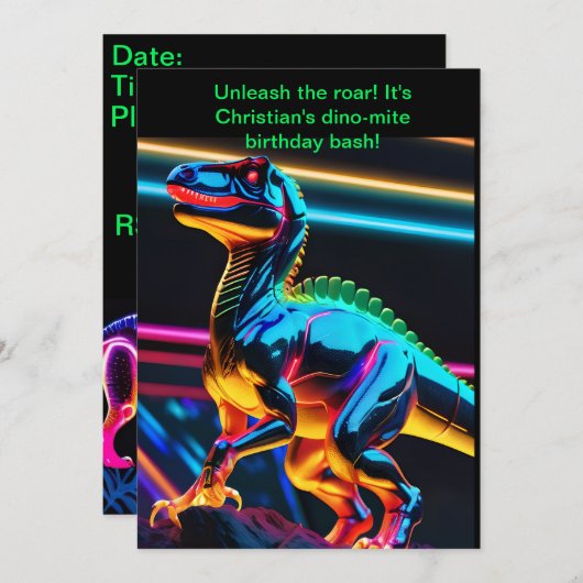 Neon Dinosaur Boy Verjaardag Kaart (Voorkant / Achterkant)