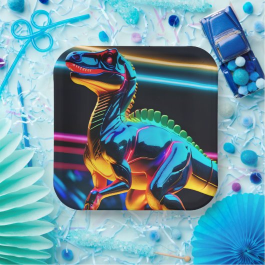 Neon Dinosaur Papieren Bordje (Feest)