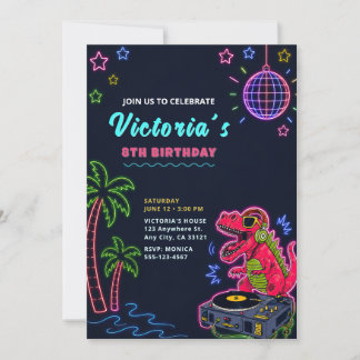 Neon dinosaurus verjaardagsuitnodiging kaart