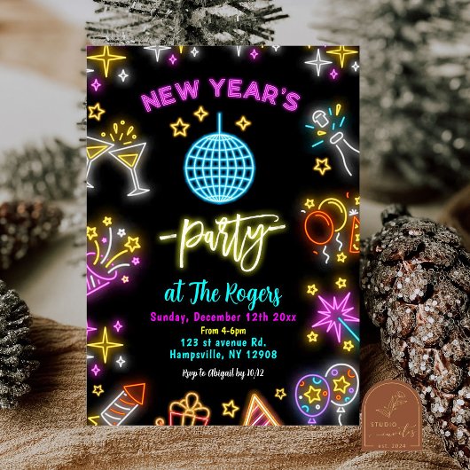 Neon Disco Bal Nieuwjaarsfeest Kaart
