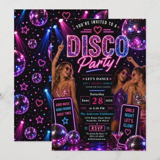 Neon Disco Dansfeest Kaart (Voorkant / Achterkant)
