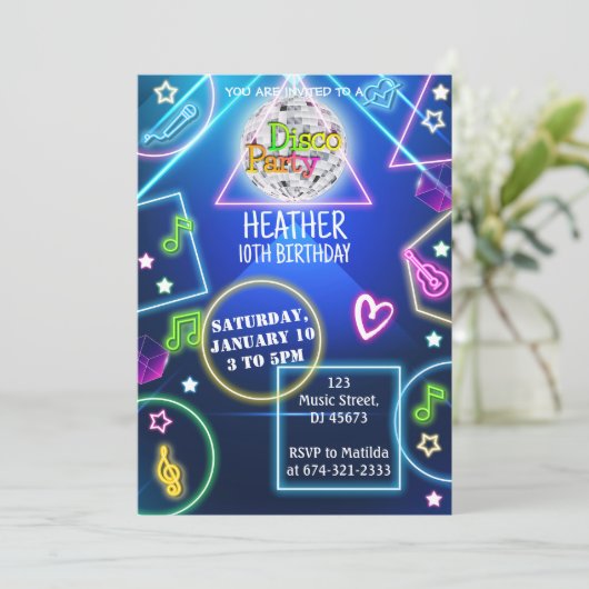Neon Disco Party uitnodiging (Staand voorkant)