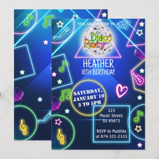 Neon Disco Party uitnodiging (Voorkant / Achterkant)