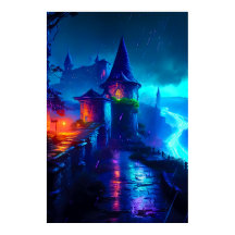 Neon Donkere Fantasy Kasteel Cyberpunk Rivier