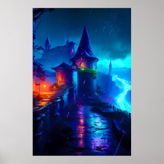 Neon Donkere Fantasy Kasteel Cyberpunk Rivier Poster