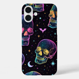 Neon donkere kleurrijke lachende schedel iPhone 16 plus hoesje