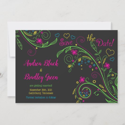 Neon Doodle Bloemen Huwelijk Sla de Datum Op Save The Date (Voorkant)