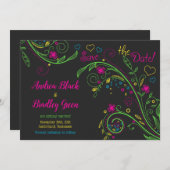 Neon Doodle Bloemen Huwelijk Sla de Datum Op Save The Date (Voorkant / Achterkant)