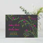 Neon Doodle Bloemen Huwelijk Spara la Datum Save The Date (Staand voorkant)