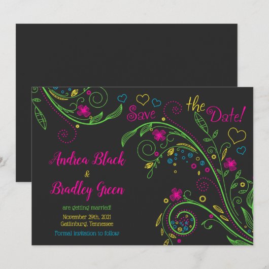 Neon Doodle Bloemen Huwelijk Spara la Datum Save The Date (Voorkant / Achterkant)