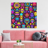 Neon Doodle Faces – Levendig Street Art Pattern Canvas Afdruk (Insitu (Woonkamer))