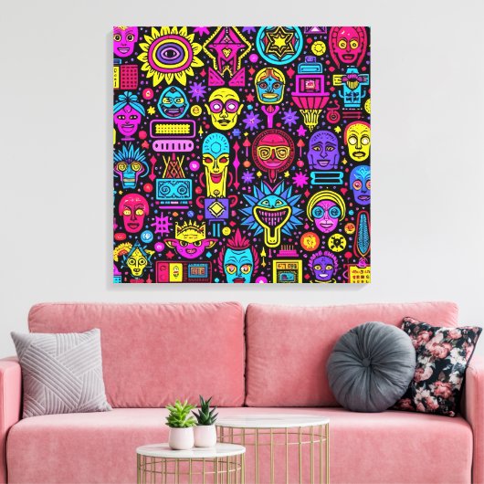 Neon Doodle Faces – Levendig Street Art Pattern Canvas Afdruk (Insitu (Woonkamer))