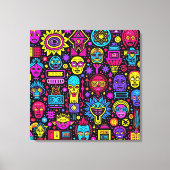 Neon Doodle Faces – Levendig Street Art Pattern Canvas Afdruk (Voorkant)