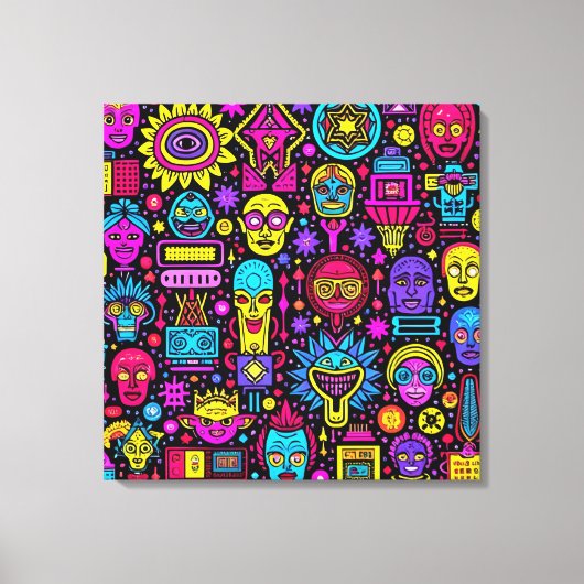 Neon Doodle Faces – Levendig Street Art Pattern Canvas Afdruk (Voorkant)