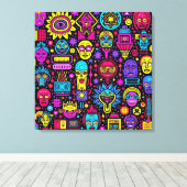 Neon Doodle Faces – Levendig Street Art Pattern Canvas Afdruk (Insitu (Houten vloer))