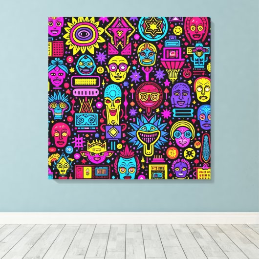 Neon Doodle Faces – Levendig Street Art Pattern Canvas Afdruk (Insitu (Houten vloer))