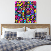 Neon Doodle Faces – Levendig Street Art Pattern Canvas Afdruk (Insitu (Slaapkamer))