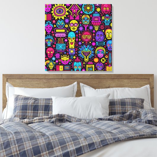 Neon Doodle Faces – Levendig Street Art Pattern Canvas Afdruk (Insitu (Slaapkamer))
