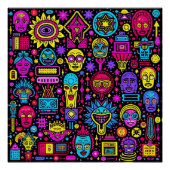 Neon Doodle Faces – Levendig Street Art Pattern Perfect Poster (Voorkant)