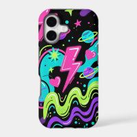 Neon Doodle-patroon telefoonhoesje op zwart