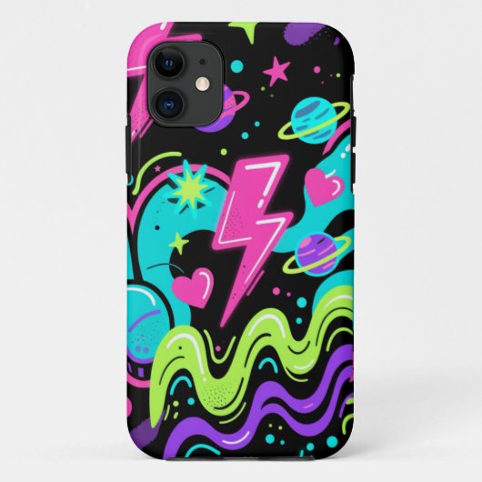 Neon Doodle Pattern Phone Case on Black (Achterkant)