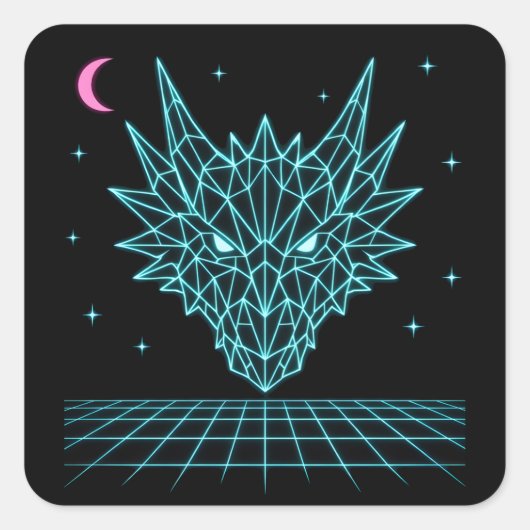 Neon Draak Synthwave – Retro Vuur Beest Vierkante Sticker (Voorkant)