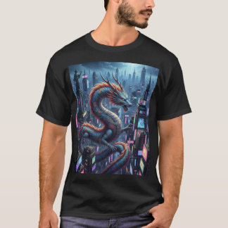 Neon Dragon City – Futuristic Skyline with Mythica T-shirt