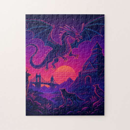 Neon Dragon Realm – Synthwave Fantasy Landscape Legpuzzel (Verticaal)