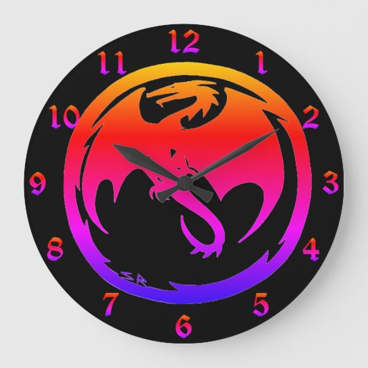 Neon Dragon zwarte wandklok w nummers (Voorkant)
