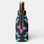 Neon Dragonflies Roze Bloem Zwart Shimmer Patroon Flesjeskoeler (Fles Achterkant)