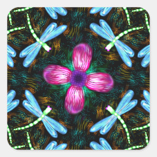Neon Dragonflies Roze Bloem Zwart Shimmer Patroon Vierkante Sticker
