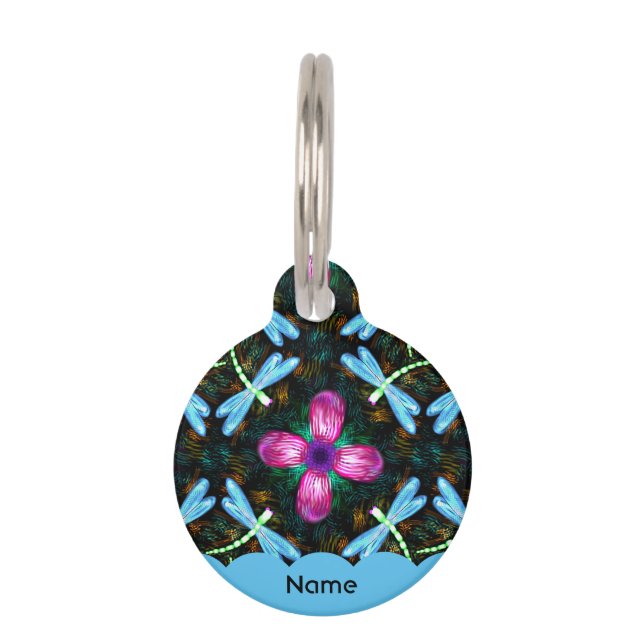Neon Dragonflies roze ventilator zwarte schimmelpa Huisdierpenning (Voorkant)