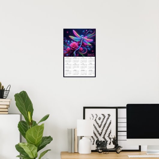 Neon Dragonfly en Rozen 2025 Kalender Poster (Thuiskantoor)