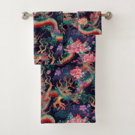 Neon Dragons en Flowers Bad Handdoek
