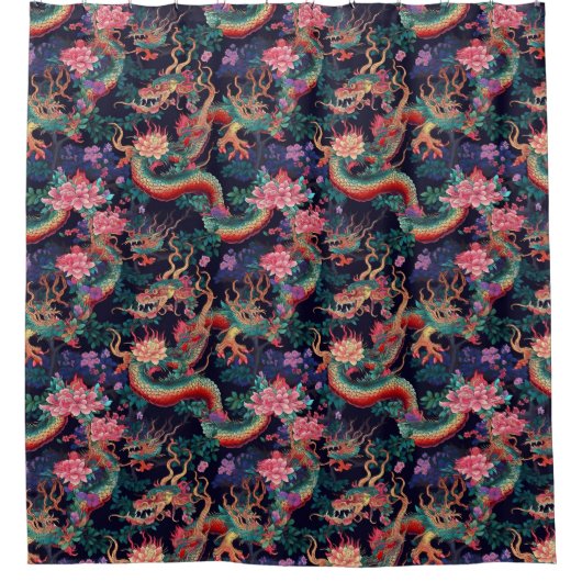 Neon Dragons en Flowers Douchegordijn (Voorkant)