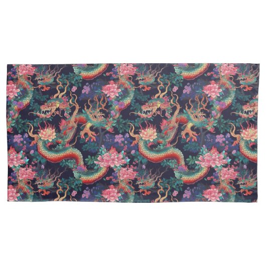 Neon Dragons en Flowers Kussensloop (Voorkant-Links)