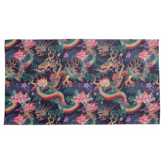 Neon Dragons en Flowers Kussensloop (Voorkant-Rechts)