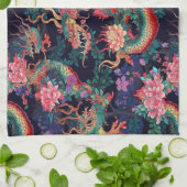 Neon Dragons en Flowers Theedoek (Gevouwen)