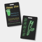 Neon Dranken En Dansen 21e Verjaardagsfeest Uitnod Badge (Voor- en achterkant)
