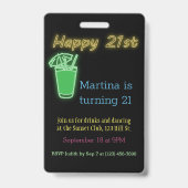Neon Dranken En Dansen 21e Verjaardagsfeest Uitnod Badge (Voorzijde)