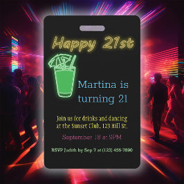 Neon Dranken En Dansen 21e Verjaardagsfeest Uitnod Badge