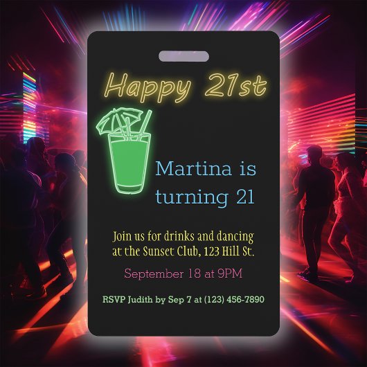 Neon Dranken En Dansen 21e Verjaardagsfeest Uitnod Badge