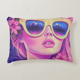 Neon Dream Girl met een bloemenzonnebril Accent Kussen