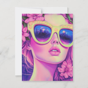 Neon Dream Girl met een bloemenzonnebril Briefkaart