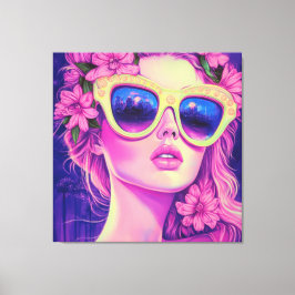 Neon Dream Girl met een bloemenzonnebril Canvas Afdruk