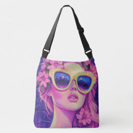 Neon Dream Girl met een bloemenzonnebril Crossbody Tas