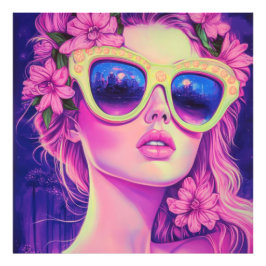Neon Dream Girl met een bloemenzonnebril Foto Afdruk