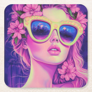 Neon Dream Girl met een bloemenzonnebril Kartonnen Onderzetters